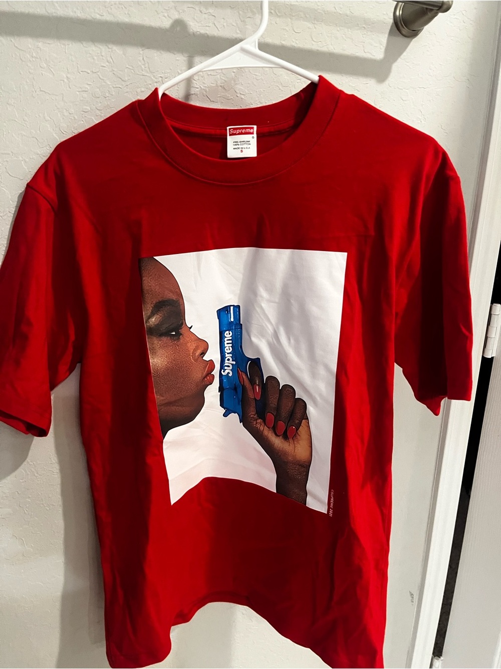 Supreme Red Photo-Graphic Tee with Blue Accent
